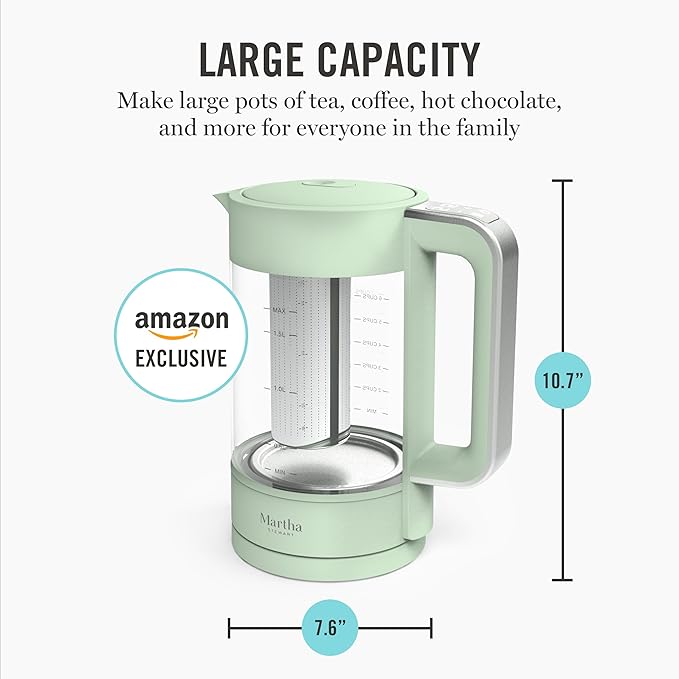 Martha Stewart Electric Kettle with Removable Stainless Steel Tea Infuser, Glass Carafe 1.7L (7 Cups), Hot Water Boiler, 4 Presets, Keep Warm & Auto Shut-Off, Cordless 360° Swivel Base, Honeydew Green
