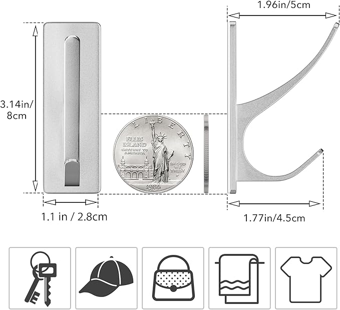 pickpiff Silver Self Adhesive Coat Hooks for Hanging: 13LB Extra Strong Stainless Wall Hook for Towel, Utensil, Backpack, Hat, Sturdy Metal Hanger for Bathroom, Kitchen, Door, 4-Pack