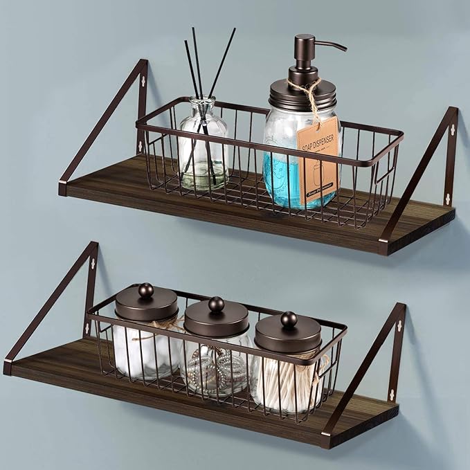Farmhouse Metal Wire Bin Basket with Handle - Small, 4 Pack - Rustic Home Storage Organizer for Cabinets,Pantry,Closets,Cupboards, Shelves,Countertops,Bathroom Vanity,Kitchen,Bedroom (Bronze)