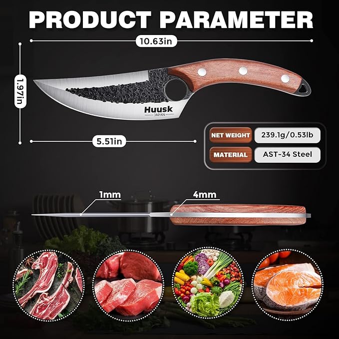 Huusk Chef Knives with Sheath, Hand Forged Viking Knife, Japanese Butcher Knife, Cool Caveman Knives for Kitchen and Outdoor Camping, Gift for Men and Women