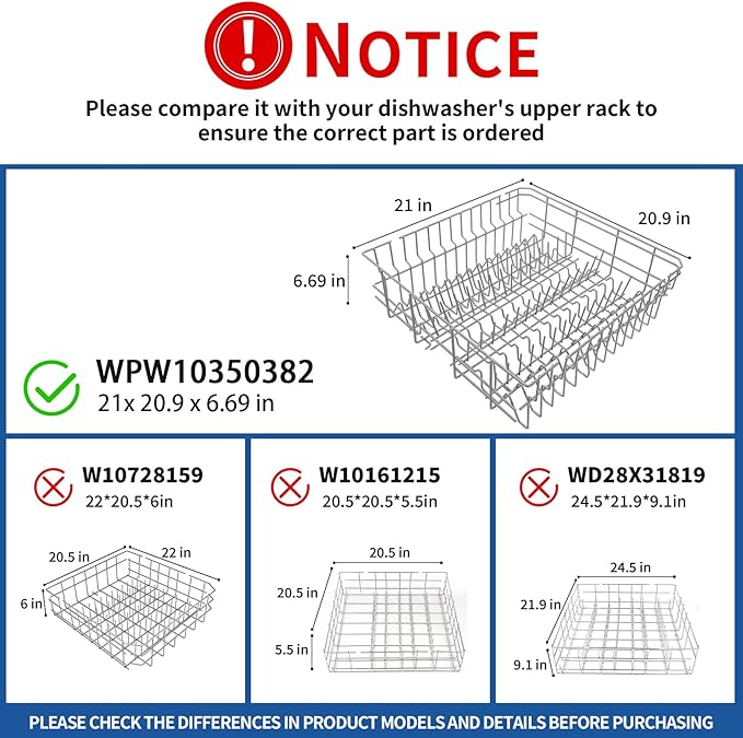 WPW10350382 W10350382 Dishwasher Upper Dishrack Replacement Compatible With Whirlpool Kenmore KitchenAid Ikea Amana Inglis Maytag Upper Dishrack Assembly Part Numbers W10082824 W10199801 W10321578