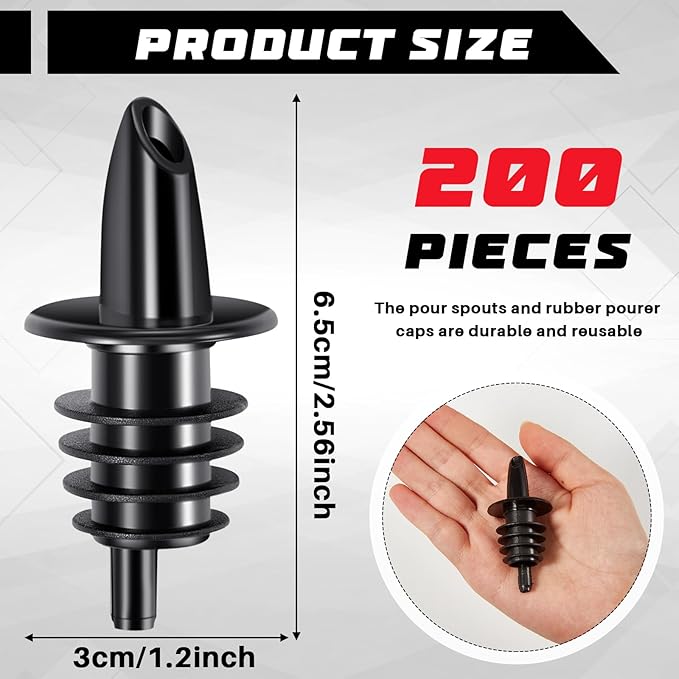 Maxcheck 200 Pcs Pour Spouts for Liquor Bottles, Plastic Pour Spout Bottle Pourers Free Flow Pourers for Alcohol Bars Coffee Shops Pubs Clubs Restaurants Shop Diner (Black)
