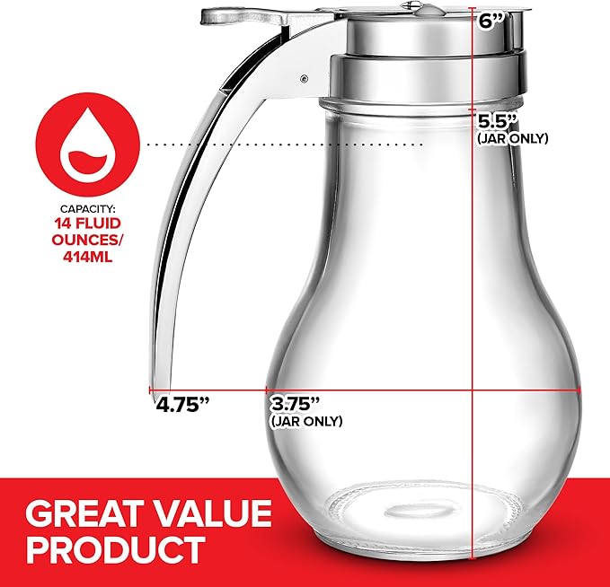 14 oz Glass Syrup Dispenser With No Drip Bottle for Maple Syrup, Honey, Pancake Mix, or Sugar - Dishwasher Safe Container With Metal Easy Pour Lid (414mL)
