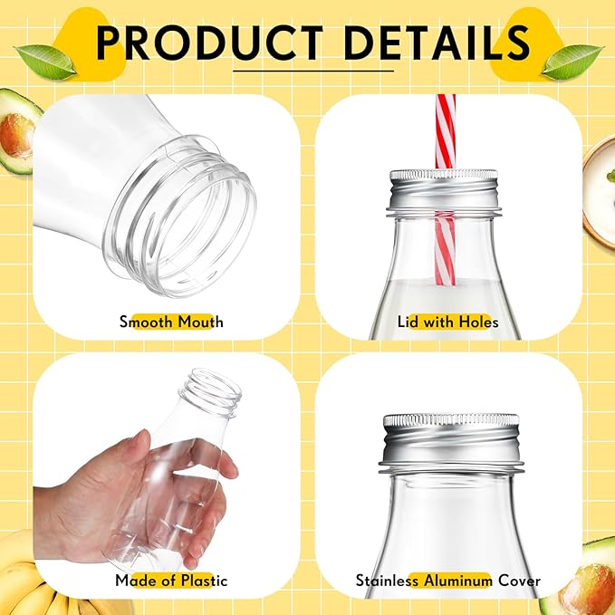 Yinkin 60 Sets Plastic Milk Bottles with Straws Lids Clear Plastic Containers for Dairy Milk Party Bottle for Juices Shakes Smoothies (8 oz,Red,White)
