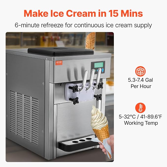 VEVOR Commercial Ice Cream Machine, 21 QT/H Soft Serve Ice Cream Maker with LCD Panel Auto Clean 3-Flavor Pre-cooling for Restaurant Snack Bar