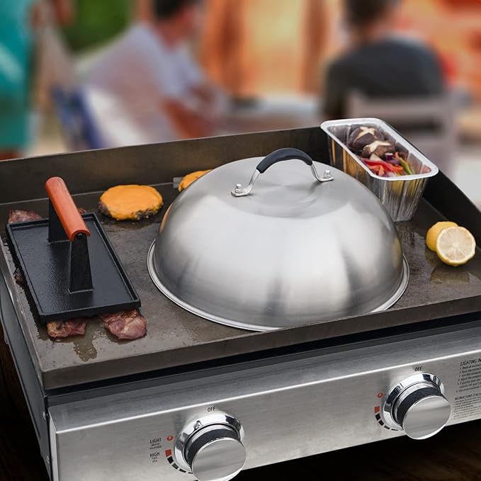 SHINESTAR Cast Iron Griddle Press with 12-Inch Melting Dome for Blackstone, Perfect for Bacon, Burger, Panini, Come with 20-Pack Grease Cup Liners