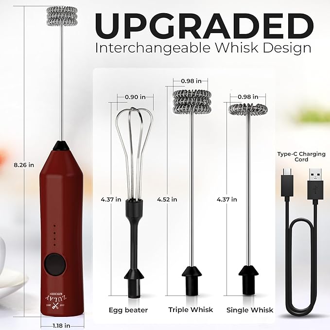 Zulay Kitchen Rechargeable Milk Frother - Dynamic - 3 Speeds, 3 Whisk Attachments, 500 mAh USB Charging, Drink Mixer For Latte, Cappuccino, Matcha, Protein Powder, Coffee Foam - Red Black