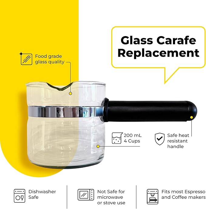 Espresso Carafe Glass Replacement - 4 Cup. Fits Most Espresso Machines, Mr. Coffee, Cuisinart, Breville. PLUS Stainless Steel Creamer (8oz).