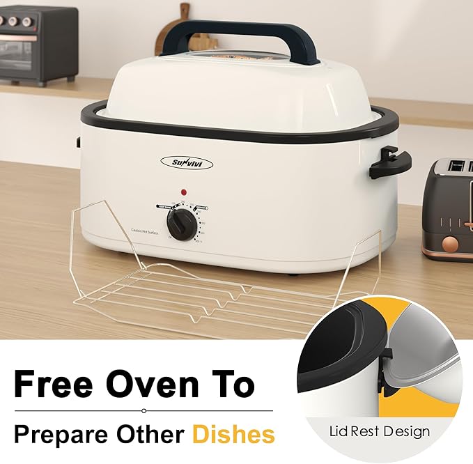 Sunvivi Roaster Oven, Electric Roaster Oven with Viewing Lid, 28lb 24-Quart Turkey Roaster with Unique Defrost/Warm Function, Large Roaster with Removable Pan & Rack, Stainless Steel, White