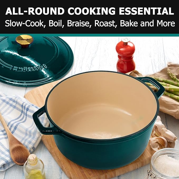 MUELLER HOME 7.5 QT Enameled Cast Iron Dutch Oven, Heavy-Duty Casserole Dish and Braiser Pan with Lid and Stainless Knob, Oven-Safe up to 500° F & Across All Cooktops, Emerald