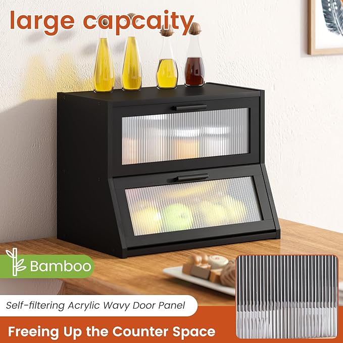 GHWIE Double Layer Bamboo Bread Box for Kitchen Counter,Large Capacity Bread Storage Bin,Bread Container with Acrylic Wavy Door Panel (Black, Medium)