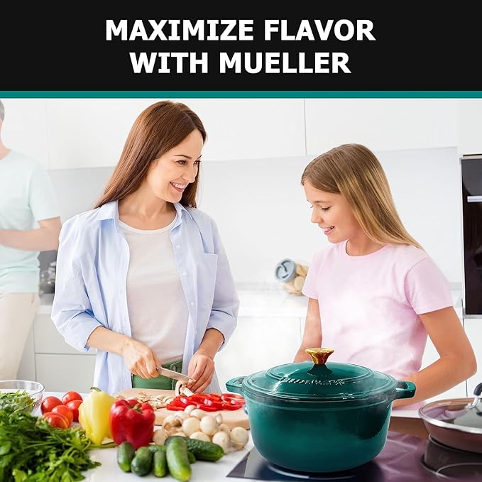 MUELLER HOME 7.5 QT Enameled Cast Iron Dutch Oven, Heavy-Duty Casserole Dish and Braiser Pan with Lid and Stainless Knob, Oven-Safe up to 500° F & Across All Cooktops, Emerald