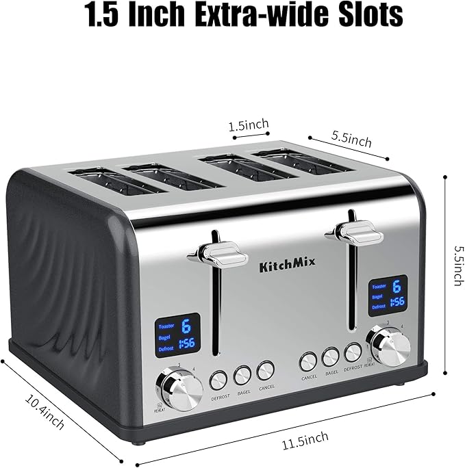 KitchMix Toaster 4 Slice, Bagel Stainless Toaster with LCD Timer, Extra Wide Slots, Dual Screen, Removal Crumb Tray (Gray)