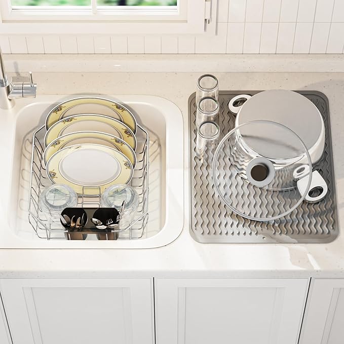 GSlife Small in Sink Dish Drying Rack - Stainless Steel Compact Dish Drainer with Silicone Drying Mat for RV Kitchen Apartment Sink, Silver