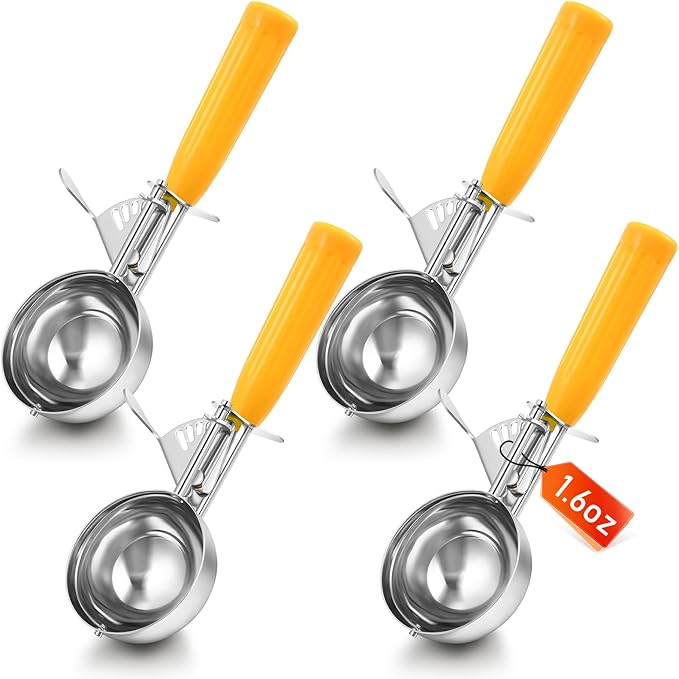 Reallnaive 4 Pcs Release Cookie Scoops Ice Cream Scooper with Trigger Release Portion Scoop Stainless Steel for Portion Control, Baking Food, Cookie Dough (1.6 oz,Yellow)