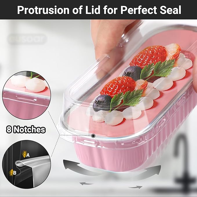 EUSOAR Cupcake Liners with Lids, 50pcs 6.8oz 6.5"x2.5"x1.2" Aluminum Disposable Foil Mini Loaf Pan Tin with Lids，Cupcake Baking Cups Ramekins Containers, Dessert Cheesecake Creme Brulee Ramekins Pan