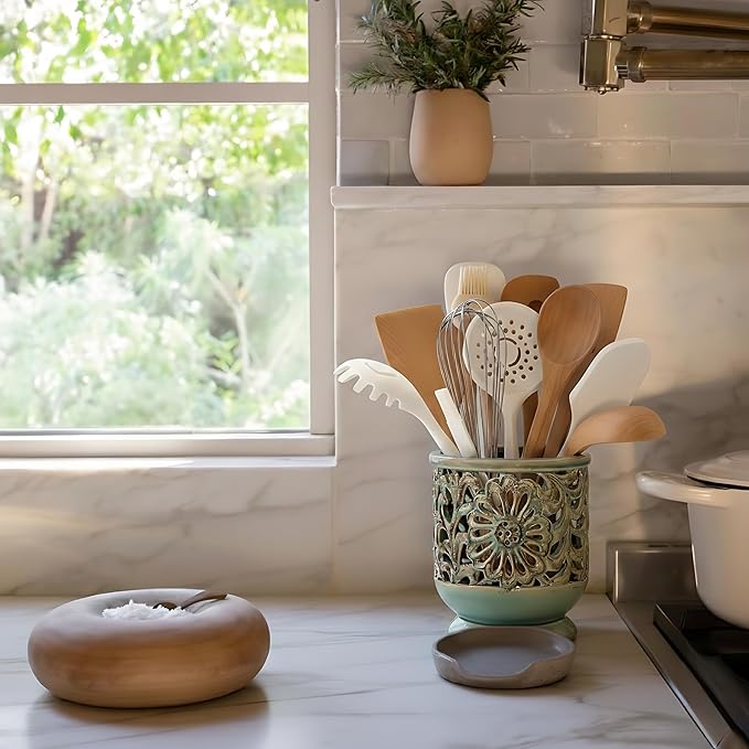 Farmhouse Kitchen Utensil Holder for Countertop, Ceramic Large Cooking Utensil Crock with Cork Mat, Decorative Rustic Utensil Holder for Kitchen Counter, Hollow Carving Flower, Blue