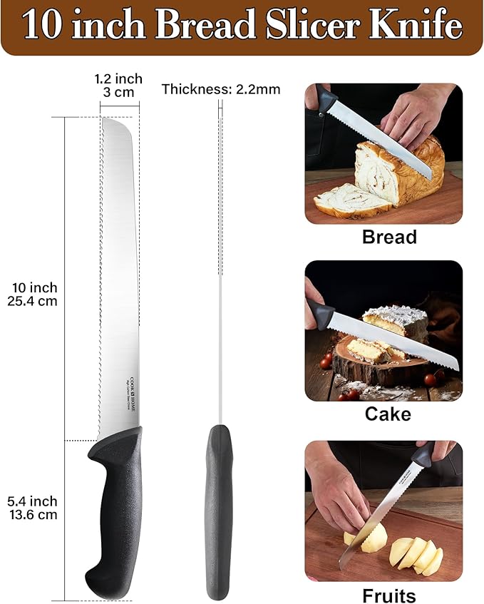 Cook N Home Bread Slicer Knife 10-Inch, Wavy Serrated High Carbon Stainless Steel Sharp Kitchen Knife, Ergonomic Handle, Black