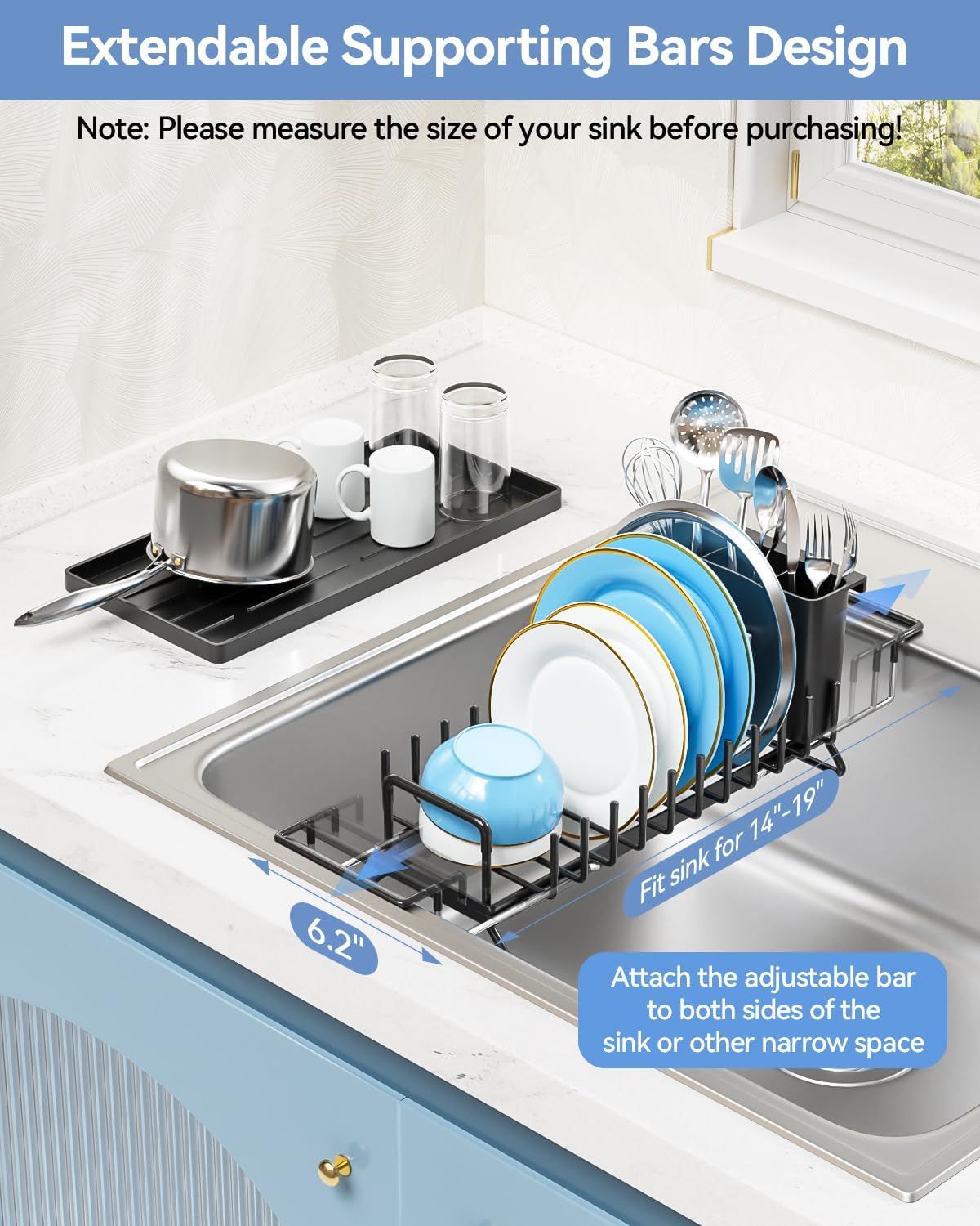 Small Dish Drying Rack in Sink, Expandable Dish Drainer Over Sink with Silicone Drying Tray, Compact Dish Rack for Kitchen Counter with Utensil Holder, Drying Rack Organize Small Space, Black
