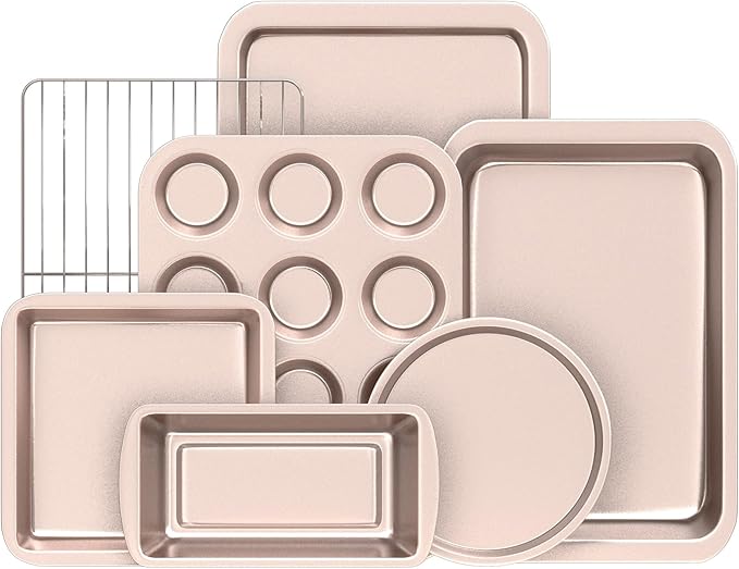 KITESSENSU Baking Pans Sets, Nonstick Bakeware Set 7-Piece with Round/Square Cake Pan, Loaf Pan, Muffin Pan, Cookie Sheet, Roast Pan, Cooling Rack & Silicone Oven Mitts, Carbon Steel Bake Set,Gold