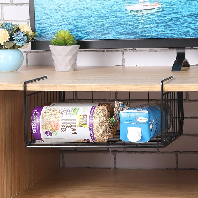SUFAUY 2-Pack Under Shelf Basket, Under Cabinet Storage Hanging Shelf for Pantry Closet, Black