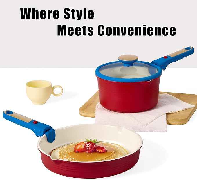 CAROTE 17Pcs Titanium Cookware Set, Pots and Pans Set Non Stick, Kitchen Cooking Set with Detachable Handle, Non Toxic Induction Cookware, Dishwasher/Oven Safe，Memphis Design