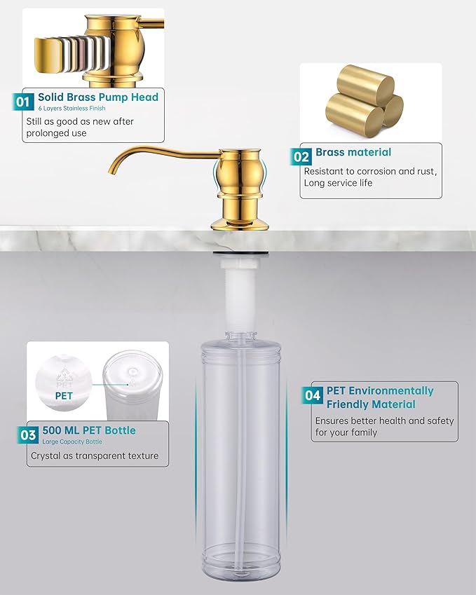 Brass Kitchen Soap Dispenser,Gold in Sink Liquid Dish Soap Dispenser, Under Sink Hand Metal Dispenser Pump, 47.2" Silicone Long Tube for 0.79 "- 1.38" Bottle Mouths