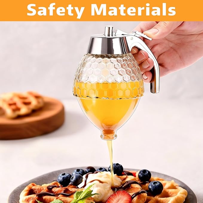 Honey Dispenser - Glass Honey Dispenser No Drip, 8oz Pot with Stand, Maple Syrup Container, Elegant Honeycomb Shaped Jar for Tea Time (general)
