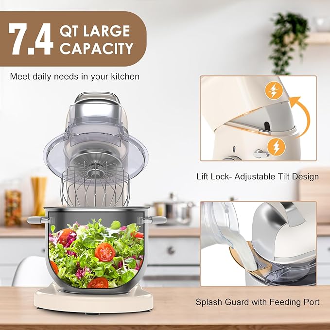 7.4QT Household Stand Mixer 800W with CSA Certified and Aluminum Die Casting, Kitchen Electric Mixer Metal Food Mixer with Stainless Steel 7L Bowl, Dough Hook, Whisk and Beater