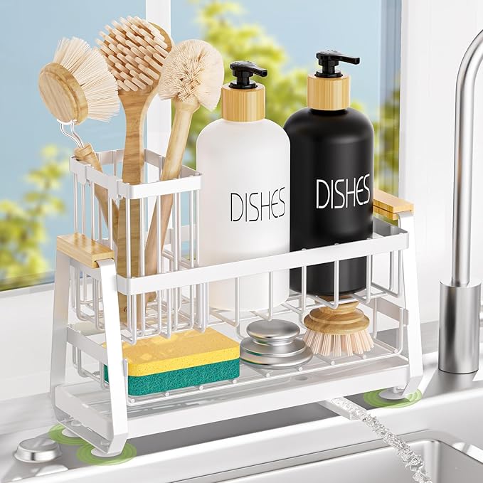 Sponge Holder for Kitchen Sink, Kitchen Sink Caddy with Suction Cup, Sink Organizer Rack for Kitchen Accessories, 304 Stainless Steel Dish Scrubber Holder Self Draining for Sponge, Soap, Dish Brush