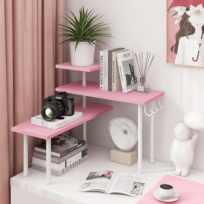 Homode 3-Tier Counter Organizer Shelf for Bathroom, Corner Shelf for Countertop, Over Sink, Make Up, Dresser Table, Desktop - Pink