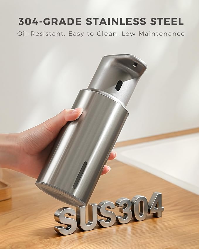 Automatic Liquid Soap Dispenser Touchless, 304 Stainless Steel Bottle Body &16.2oz/480ml Rechargeable, 3 Adjustable Liquid Levels, IPX7 Waterproof, for Kitchen Bathroom, Stainless Steel