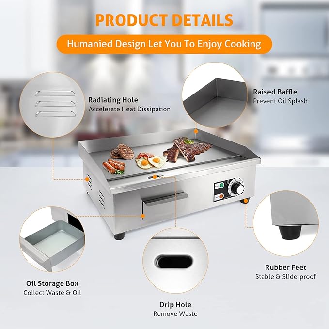 WICHEMI Commercial Electric Griddle 22" 3000W Flat Top Grill Countertop Griddle Stainless Steel Teppanyaki Grill w/Iron Cooking Plate for Restaurant Kitchen, 110V