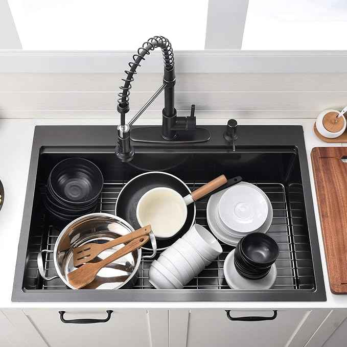 30 Inch Black Drop in Kitchen Sink Workstation - VOKIM 30x18-Inch Drop in sink Stainless Steel 16 Gauge 10'' Deep Single Bowl Topmount Kitchen Sink with Cutting Board& Strainer