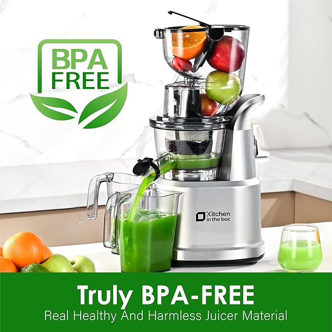 Kitchen in the Box Slow Masticating Cold Pressed Juicer Machines, With 3.26" Wide Feed Chute for Whole Fruits and Vegetables (Bright Silver)