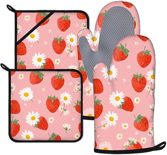 Strawberry Flowers Oven Mitts and Pot Holders Sets 4Pcs Silicone Non-Slip Mitts Heat Resistant Gloves Hot Pads for Kitchen Cooking Baking Grilling BBQ
