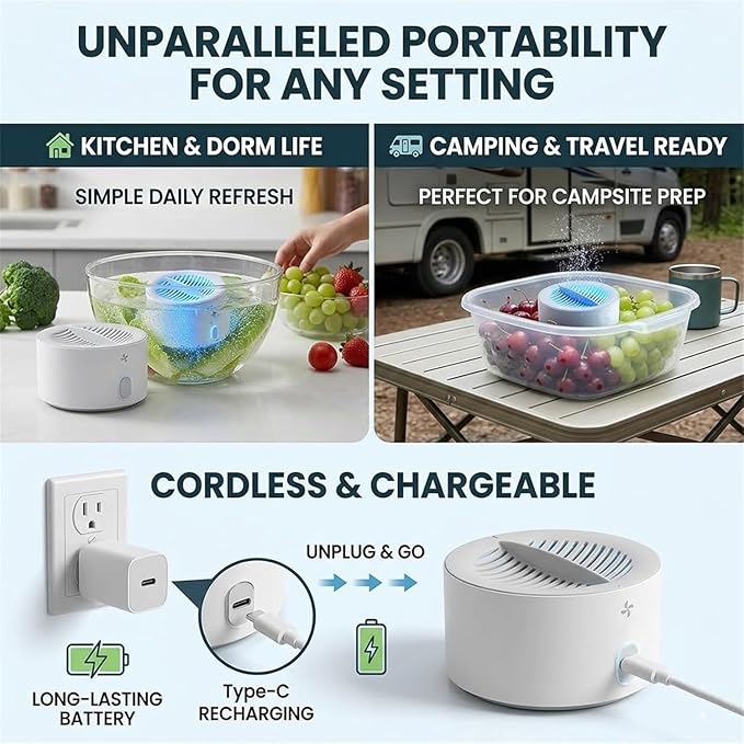 Produce Cleaner, Fruit and Vegetable Washing Machine, With Microbubble Electrolysis, 5-Min Auto Cleaning, Ipx7 Waterproof Cordless Device for Berries & Meat for Fruits, Vegetable & More (B)