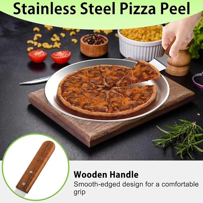 4 PCS Pizza Stand Holder, Black Metal Pizza Pan Display Stands for Buffet Restaurant Home, 4 Pizza Pan and 2 Wood Handle Pie Server