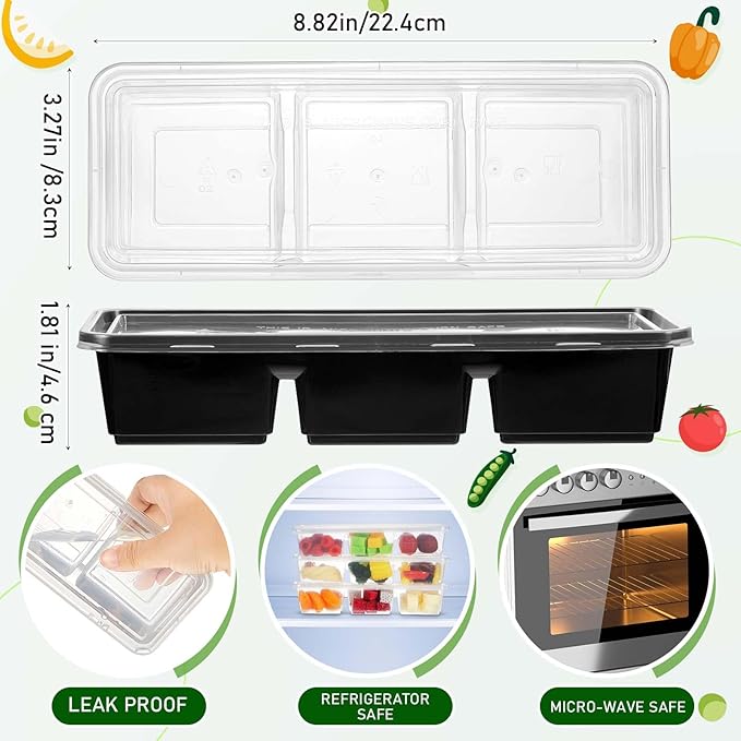 Hushee 50 Pack 17 oz Small Meal Prep Containers with 3 Compartments Snack Containers with Lid Disposable Plastic Bento Box Travel Lunch Food Boxes Stackable for Office Picnic (Black,Clear)