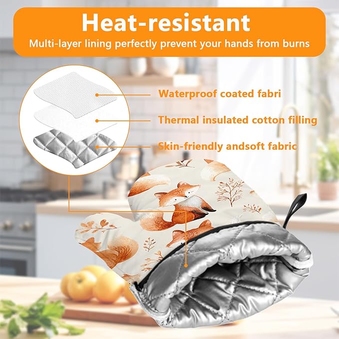 Cute Fox Oven Mitts and Pot Holders Sets 4Pcs Silicone Non-Slip Mitts Heat Resistant Gloves Hot Pads for Kitchen Cooking Baking Grilling BBQ