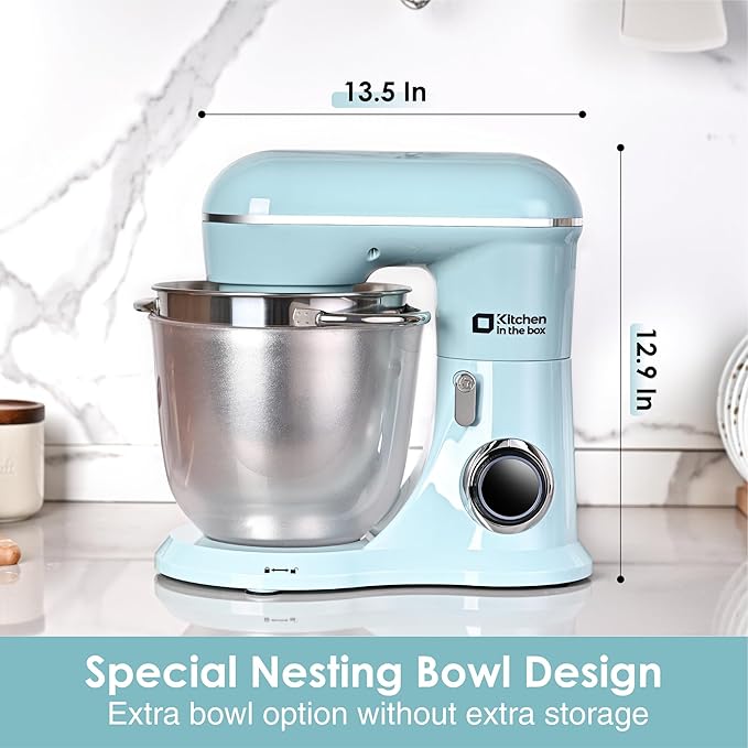 Kitchen in the box Stand Mixer, 5QT Two bowls Electric Food Mixer, 10 Speeds 3-IN-1 Kitchen Mixer for Daily Use with Egg Whisk,Dough Hook,Flat Beater (Blue, 5QT)