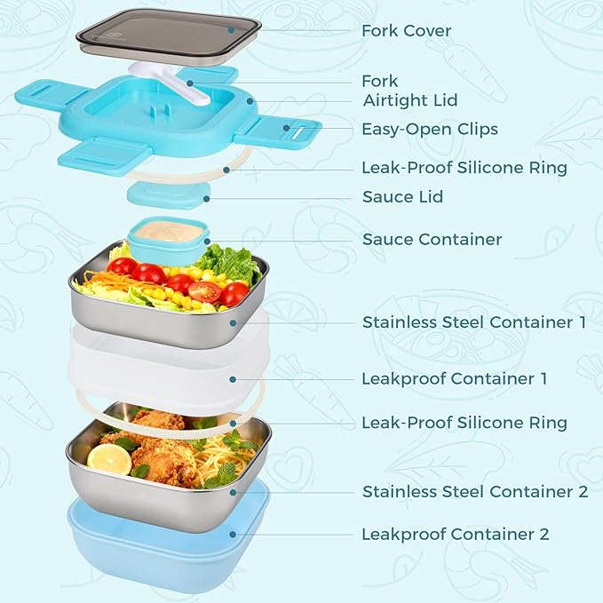 Sinnsally Bento Box Adult Lunch Box with Stainless Steel Container,Metal Lunchable Food Storage Container with Sauce Jar (Blue)