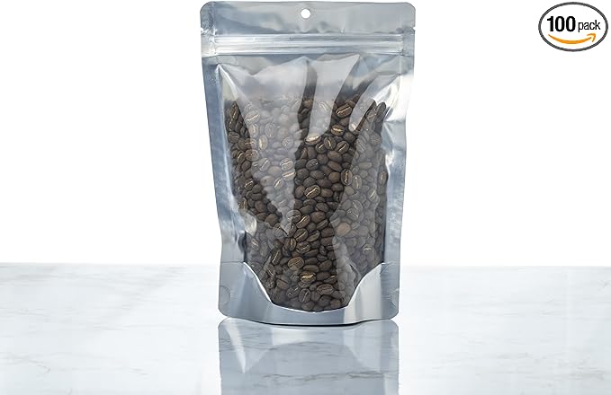 PackFreshUSA: 5 MIL Silver/Clear Stand Up Pouch Bags - Professional Flexible Packaging - Resealable - Seal-Top - Heat-Sealable - Hang Hole - Tear Notch -Large 6x9.5x3.5-100 Pack