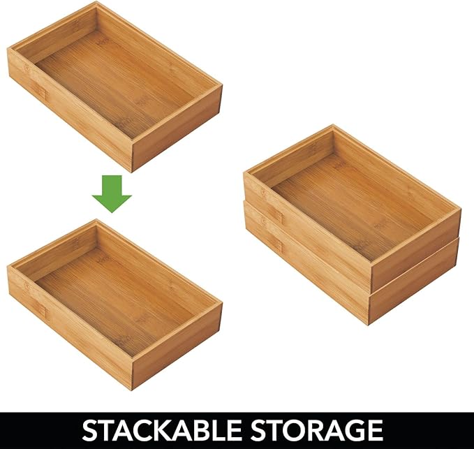 mDesign Bamboo Kitchen Cabinet Drawer Organizer Stackable Tray Bin - Eco-Friendly, Multipurpose - Use in Drawers, on Countertops, Shelves or in Pantry - 9" Long, 4 Pack - Natural Wood Finish