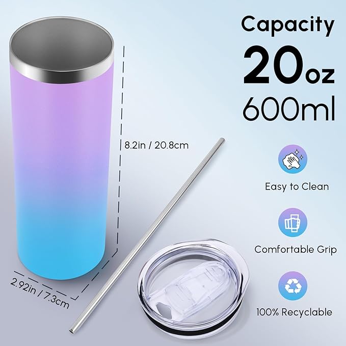 Volhoply 4 Pack Skinny Tumblers with Lid and Straw, 20oz Stainless Steel Straight Tumbler Bulk, Vacuum Insulated Coffee Mug for Home, Office, Travel, DIY (Lavender,4 Pack)