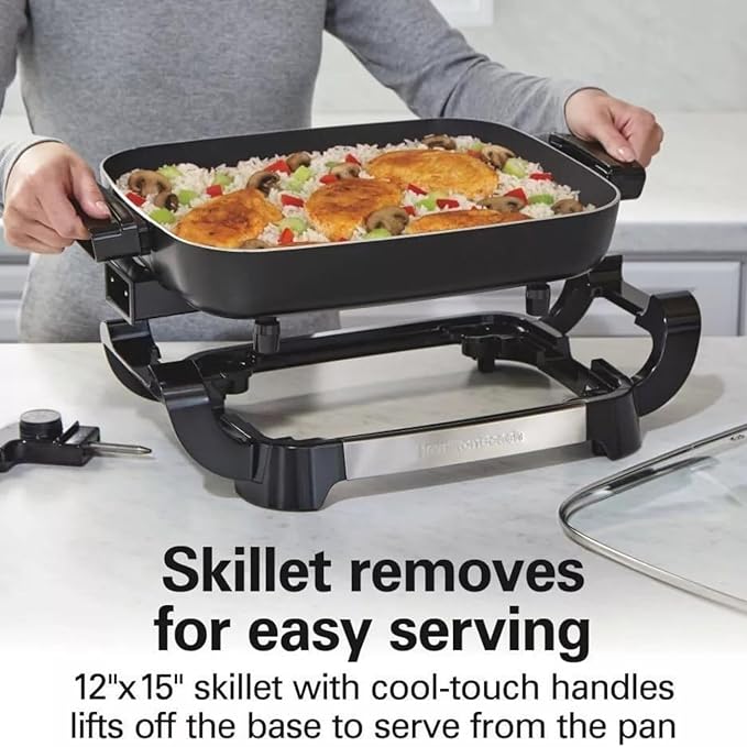 Hamilton-Beach 20.5" x 12.5" x 7.5" Durathons Ceramic Reversible Nonstick Electric Skillet, Large Cooking Surface, Adjustable Temperature Control, Easy Cleaning, Glass Lid, Black