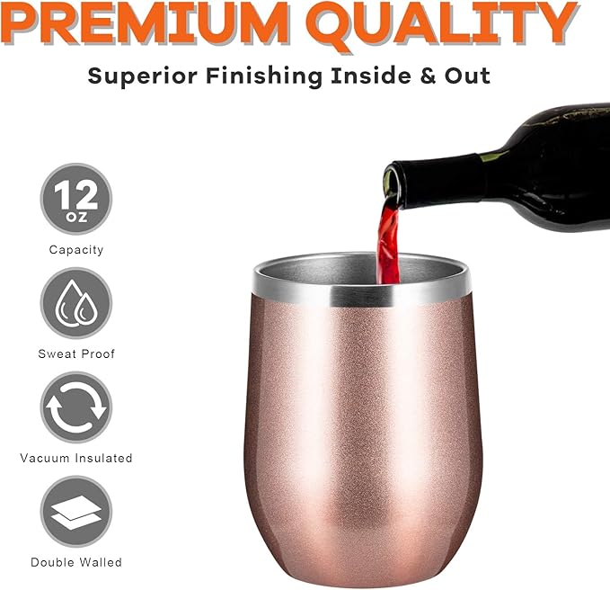 COMOOO Rose Gold Stainless Steel Wine Tumbler Bulk with Lid and Straw 12oz Double Wall Vacuum Insulated Tumbler Cup Stemless for Hot and Cold Drinks, Coffee, Wine, Cocktails Rose gold, 8 Pack