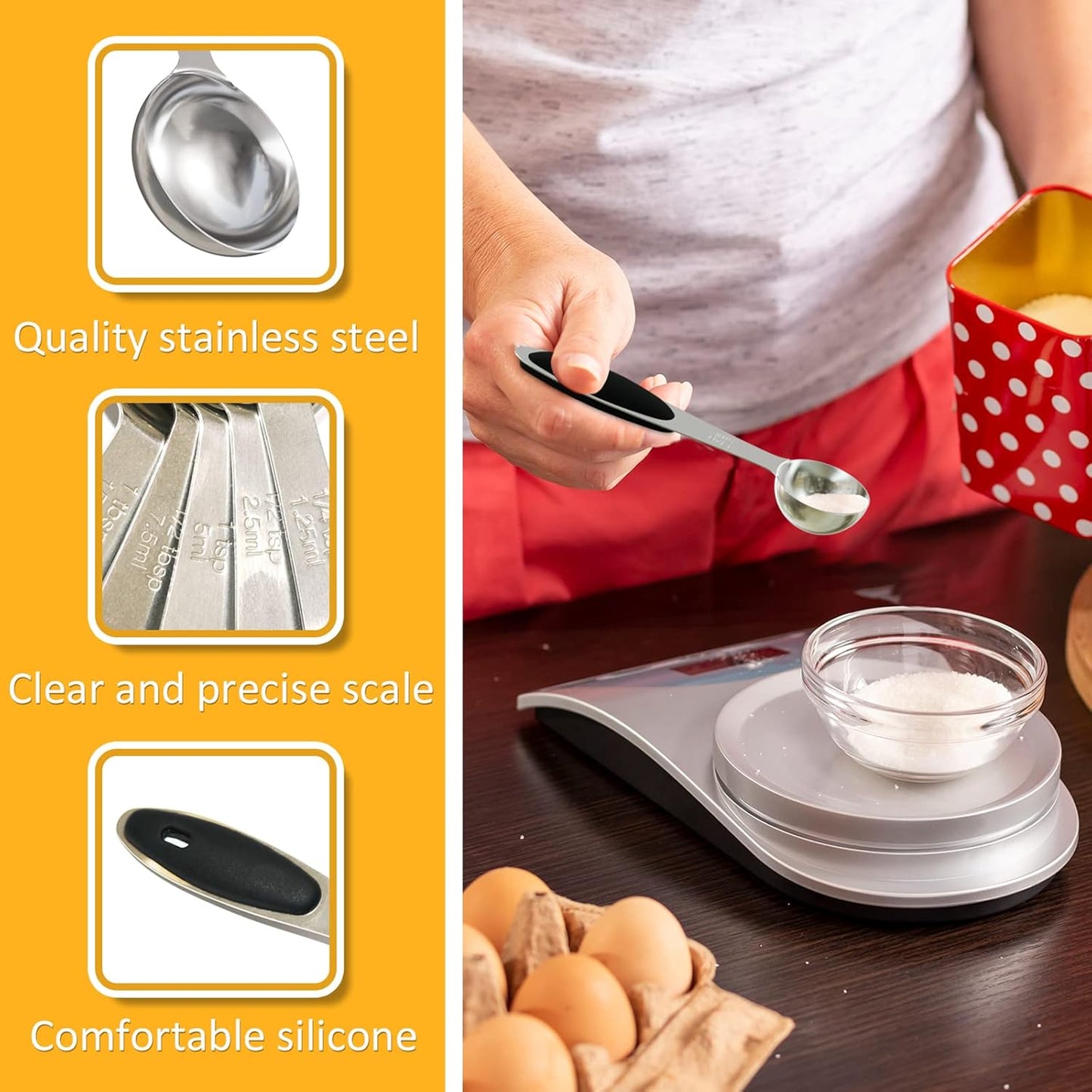 1PCS 1 Tsp(1/3tbsp, 1/6oz, 5ml) Single Measuring Spoon with Black Silicone Grip, Stainless Steel Individual Measure Scoop Only