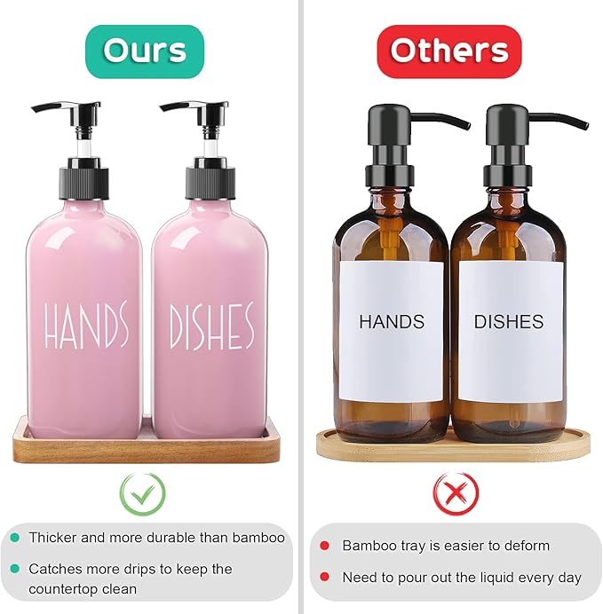 ALELION Dish Soap Dispenser for Kitchen - 16 OZ Glass Hand Soap Dispenser Set with Acacia Wood Tray - Pink Kitchen Bathroom Decor and Accessories