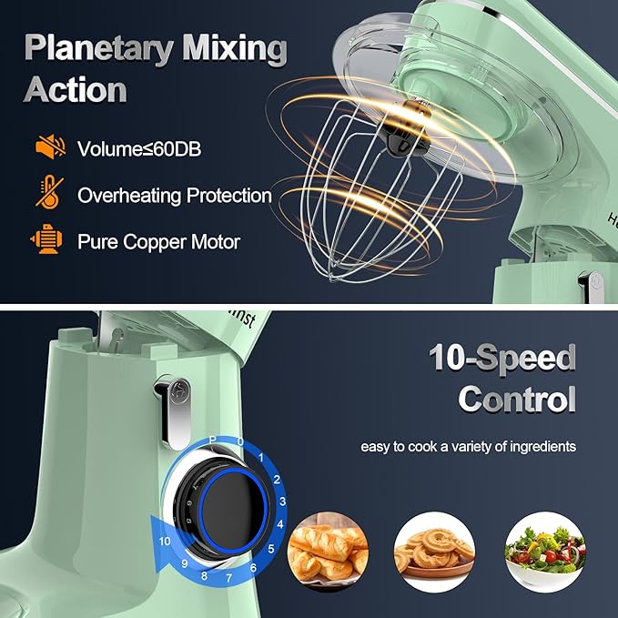 Honinst Stand Mixer, 6.5QT 10-Speed Tilt-Head Electric Stand Mixer, 3-In-1 Kitchen Mixer with Bowl, Dough Hook, Whisk and Beater, Food Mixer for Baking, Cake and Most Home Cooks, Light Green